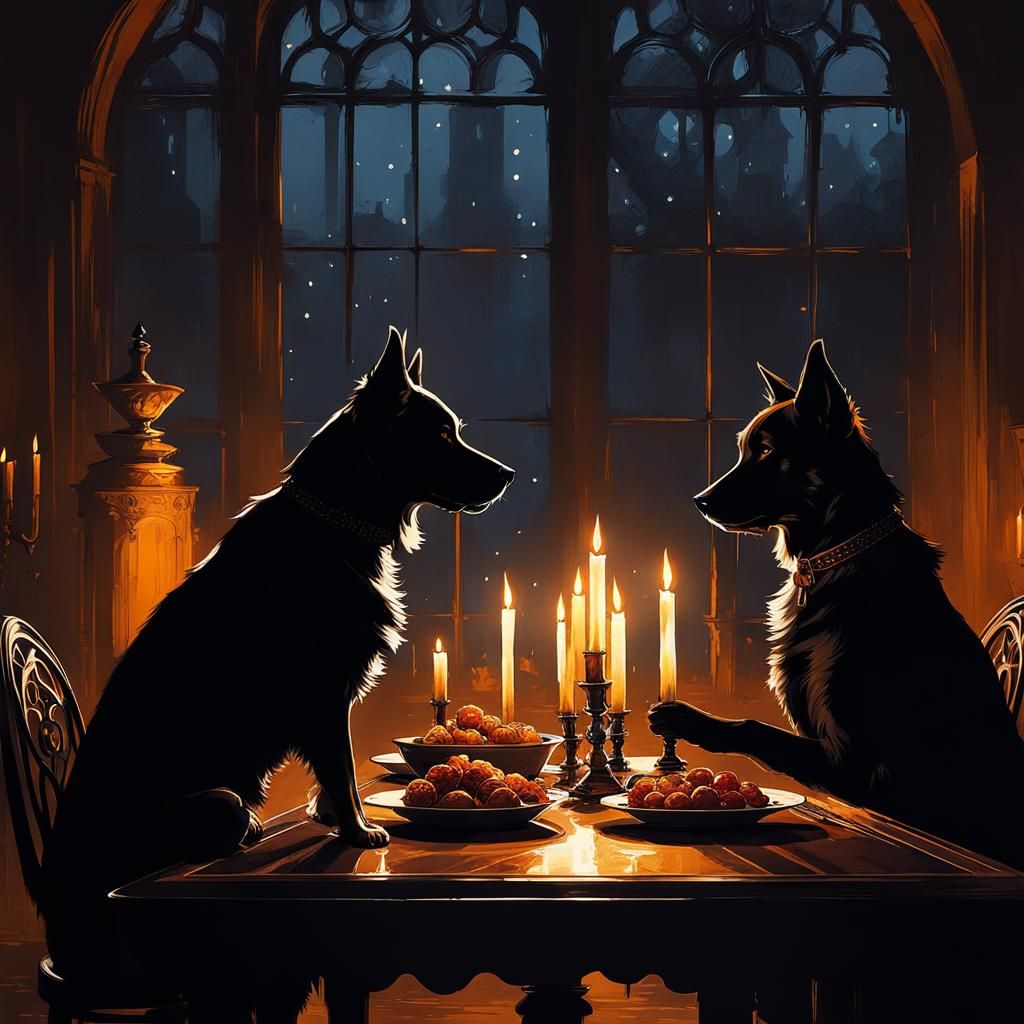 Dogs' Romantic Candlelit Dinner, Digital Art