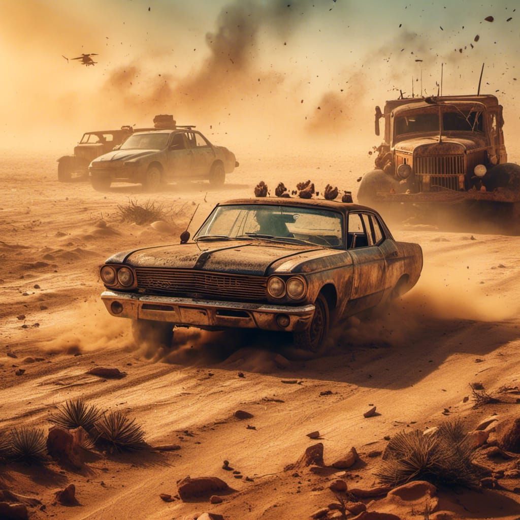 Post-Apocalyptic Desert Battle with Modified Cars