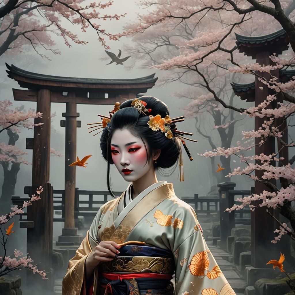Fantasy Geisha with Koi Obi and Cherry Blossoms