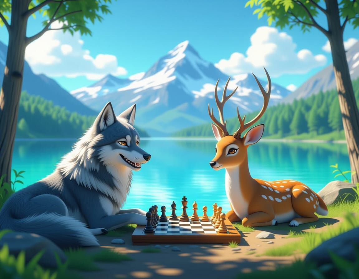 Wolf and Deer Play Chess by Lake in Anime 3D Style