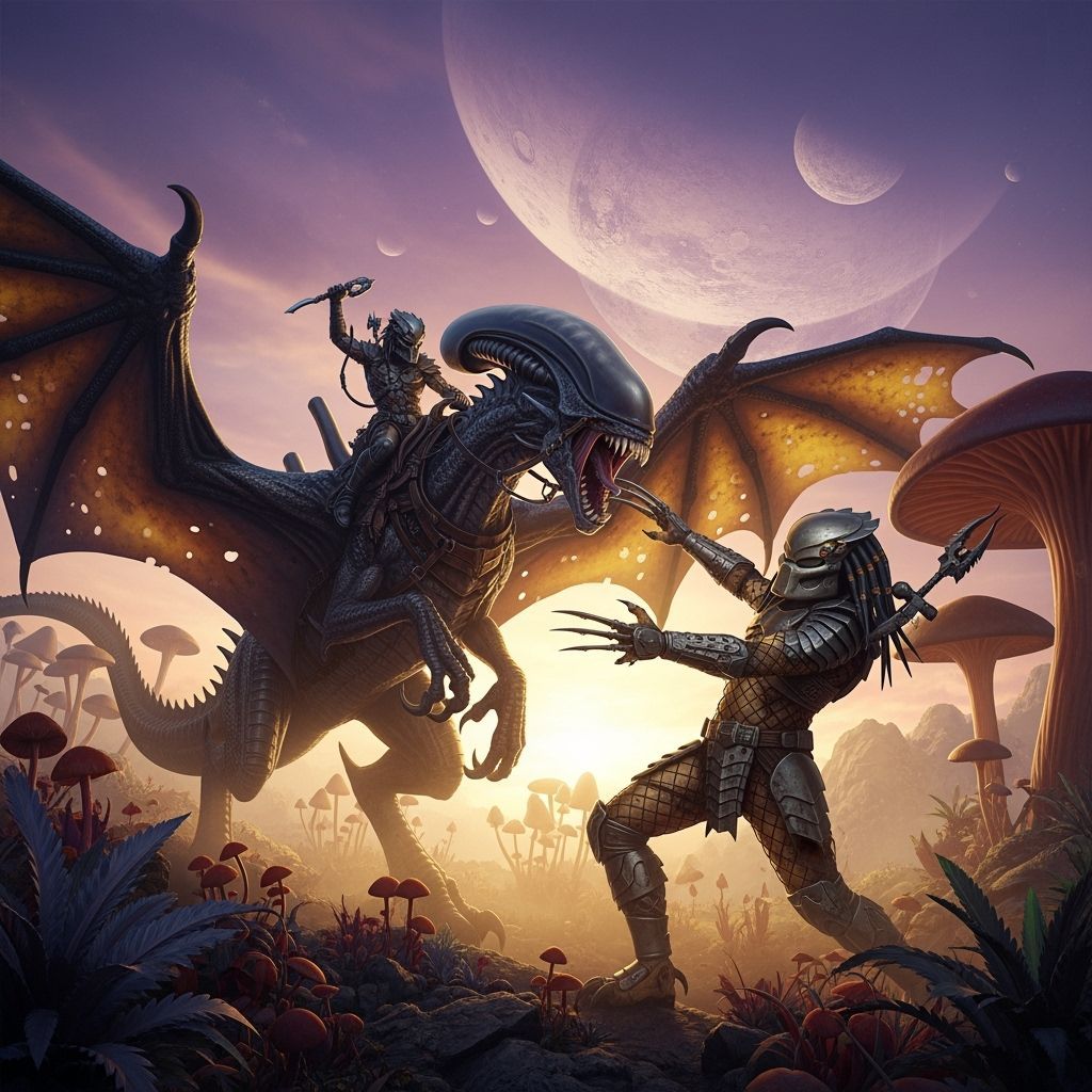 Alien Dragon Rider Fights Predator in Dark Fantasy Art