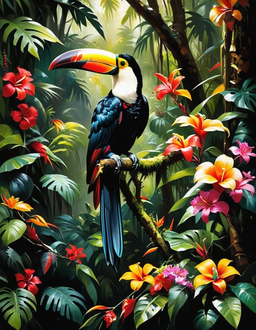 Toucan in Tropical Forest, Impressionist Style
