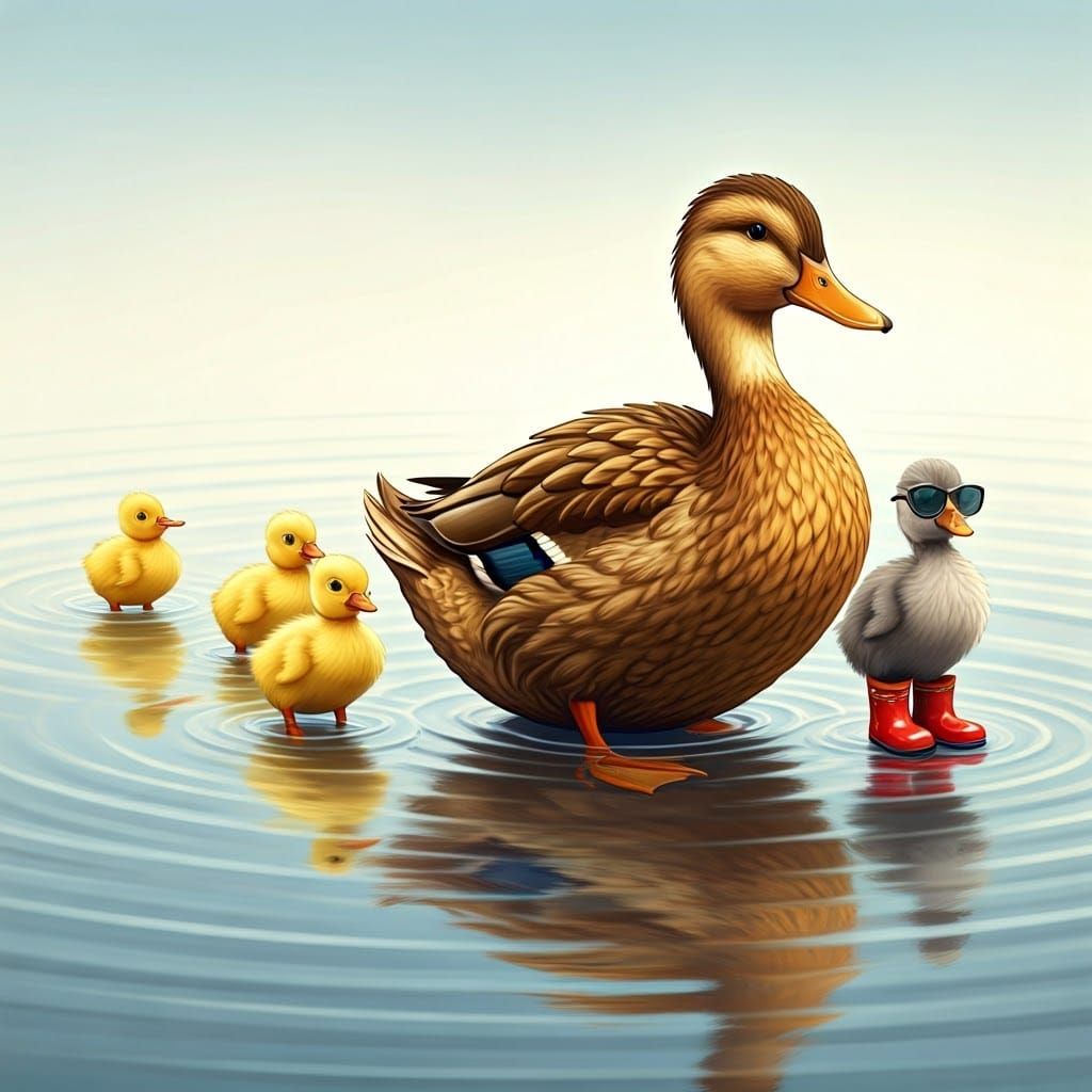 Ducklings in Puddle: Whimsical Storybook Scene