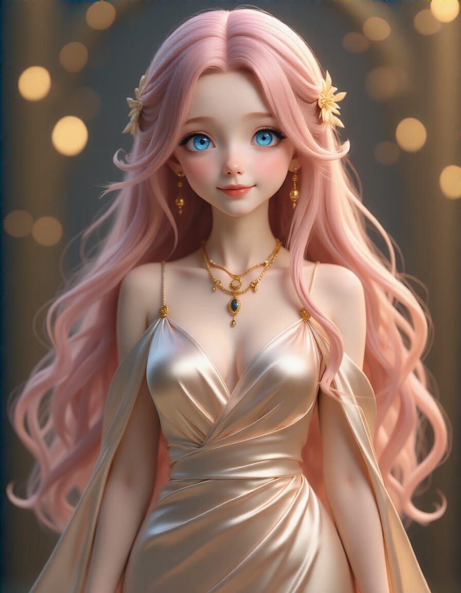 Petite Woman in Flowing Silky Dress with Pink Hair