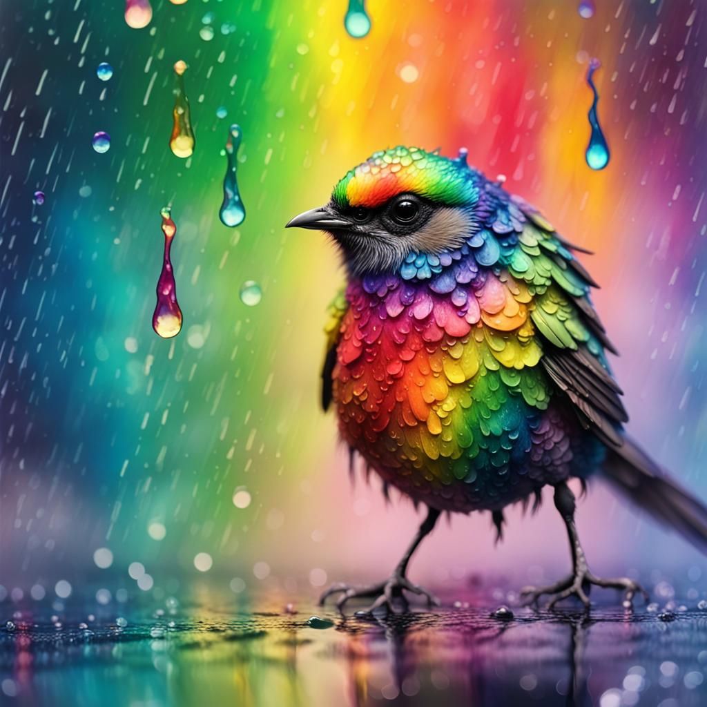 Rainbow Bird in Magical Rain, Mixed Media Digital Art
