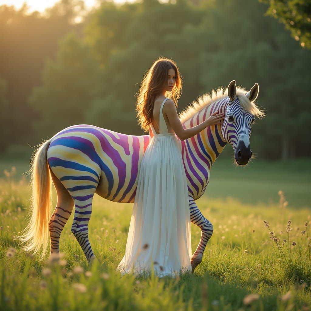 Woman with Rainbow Zebra Unicorn in Meadow