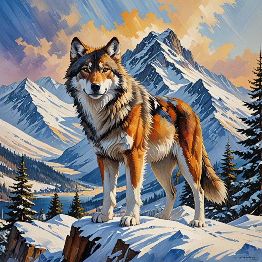 Snowy Mountain Wolf in Styles of Wrightson, Mondrian, and Af...