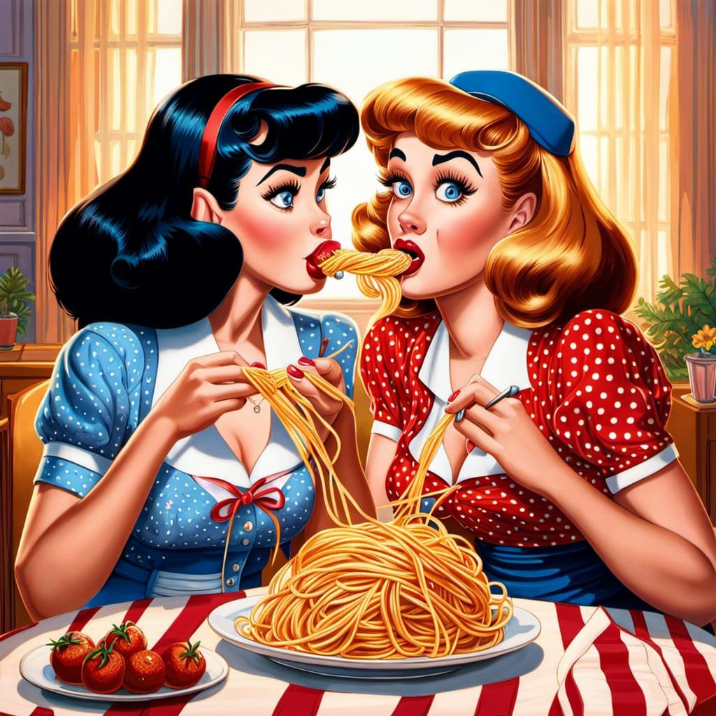 Photorealistic Spaghetti Kiss Between Two Women
