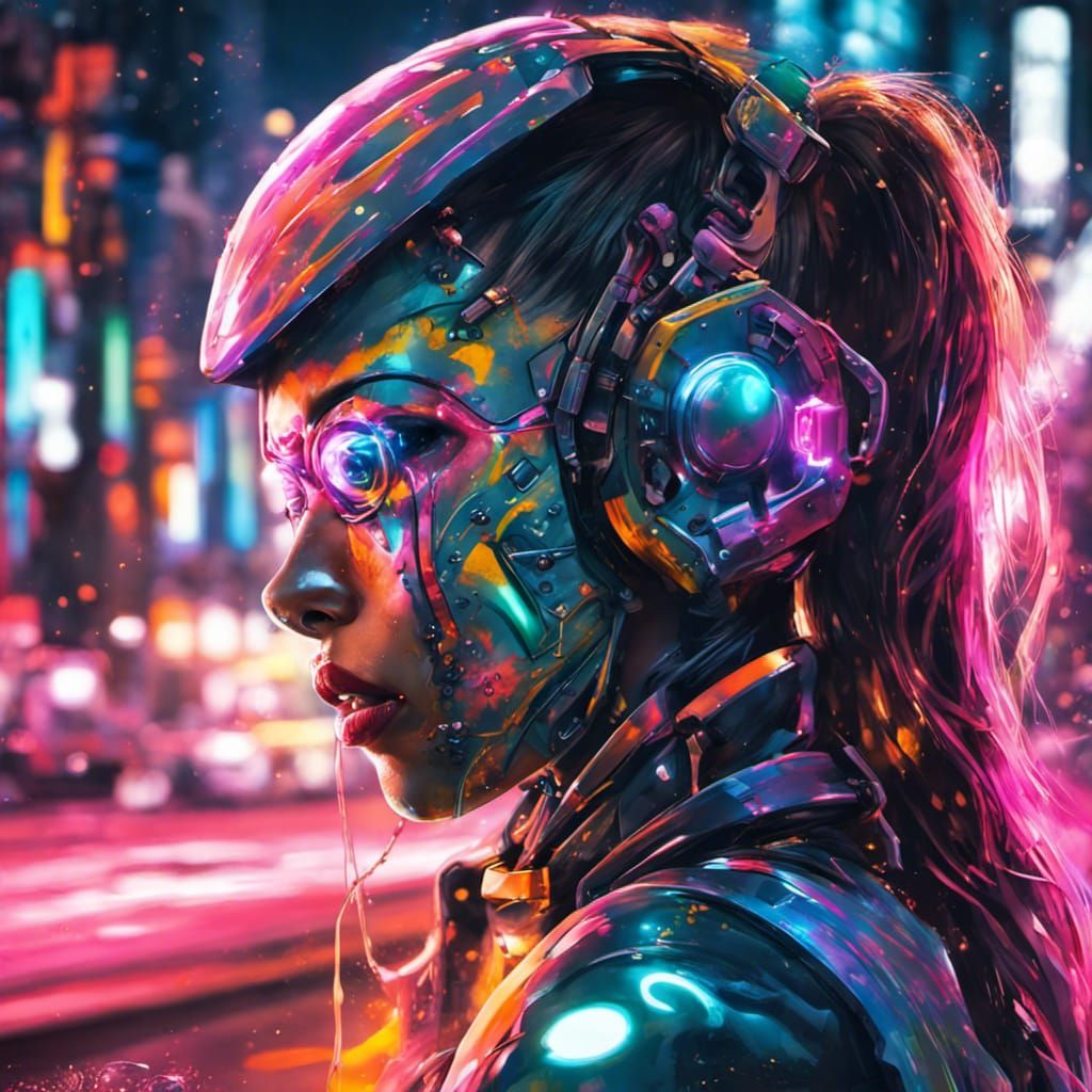 Cyborg Girl in Neon City: Graffiti Art Portrait