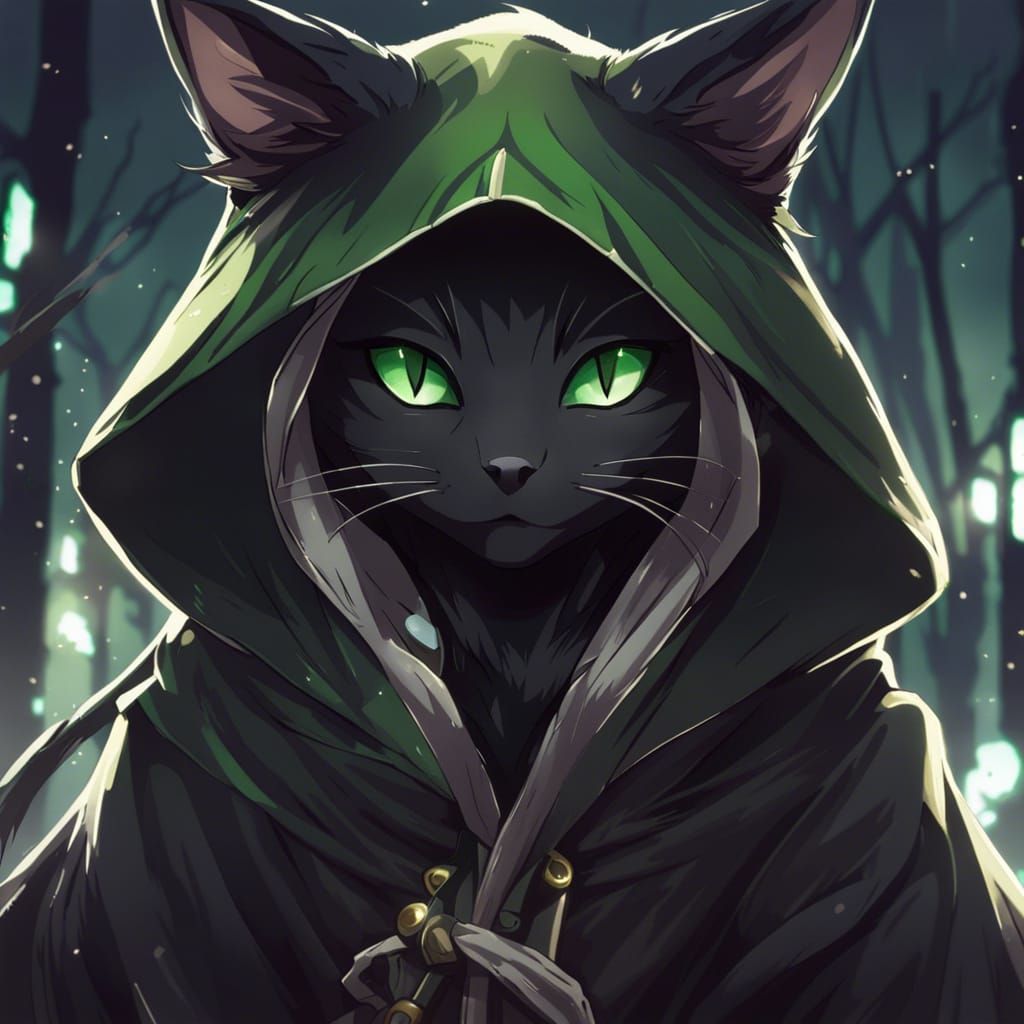Anime Black Cat Tabaxi in Hooded Cloak