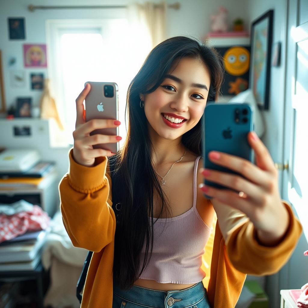 Chinese model poses for a selfie, in the style of social med...
