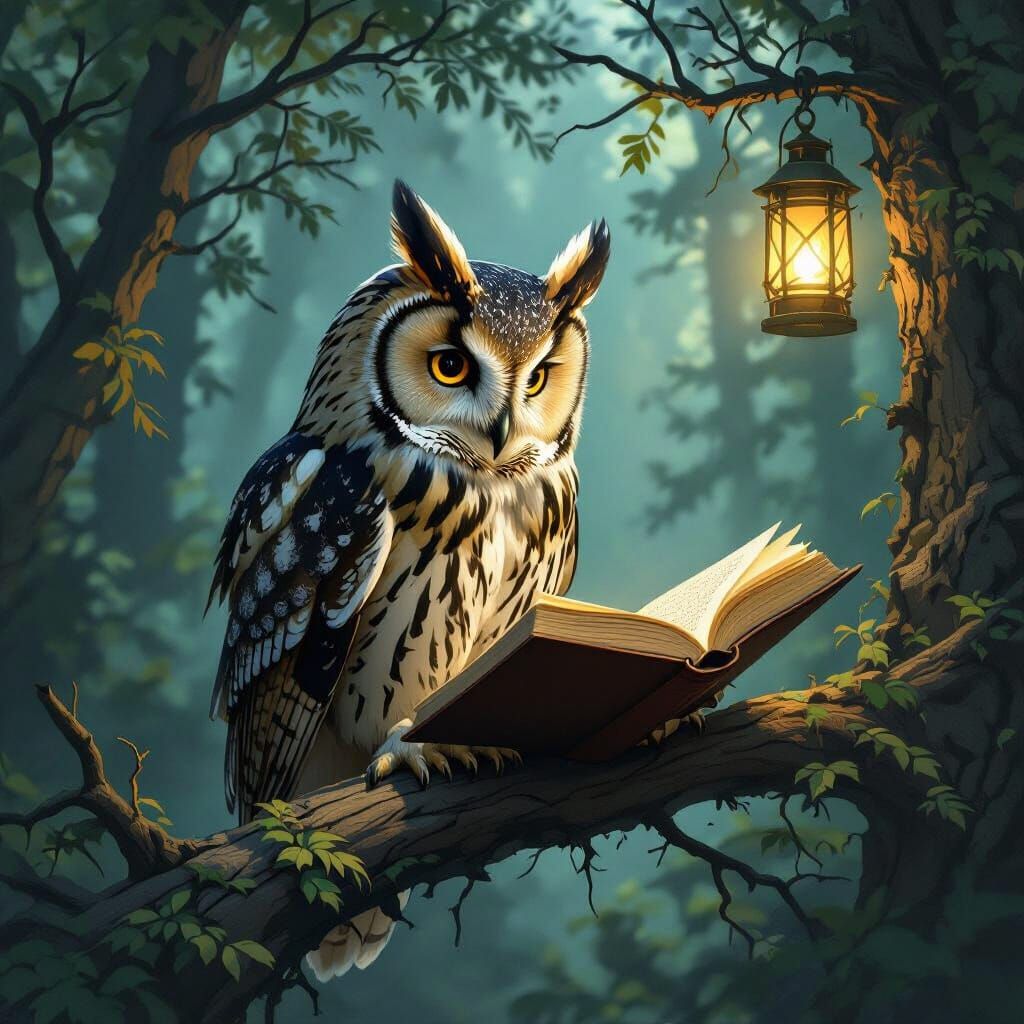 Wise Owl Studies Book by Lantern Light in Forest