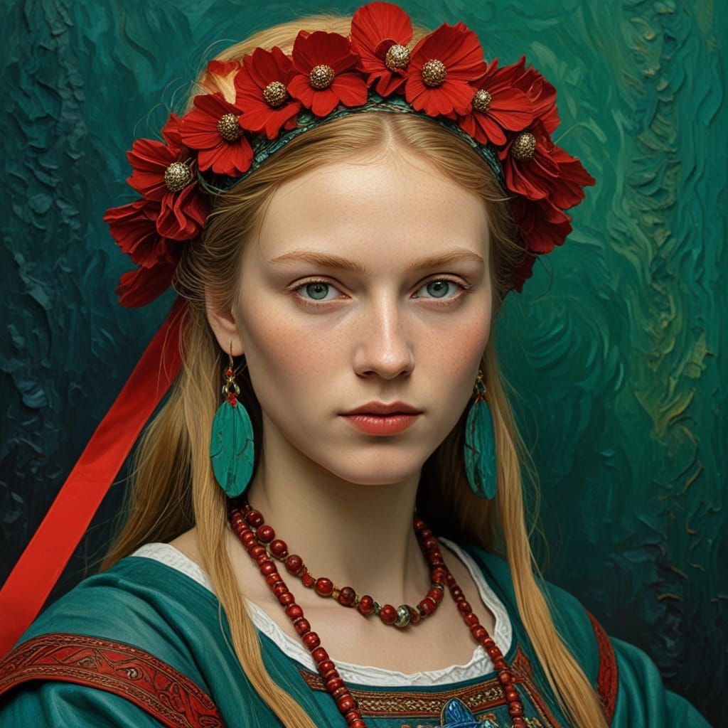Slavic Goddess Portrait in Impasto Oil Painting Style