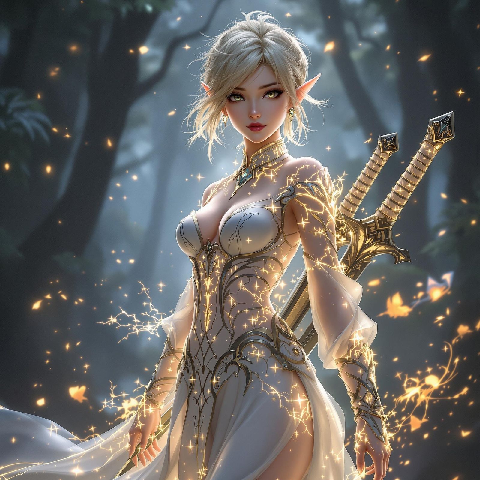 Glowing Anime Elf Woman in Mystical Forest