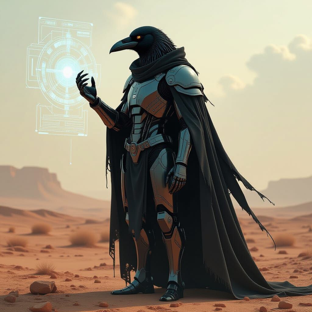 Cybernetic Raven in Futuristic Wasteland
