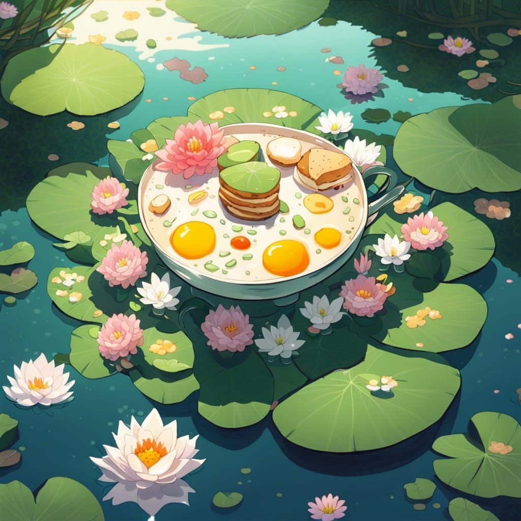 Floating Breakfast on Lily Pad in Anime Style