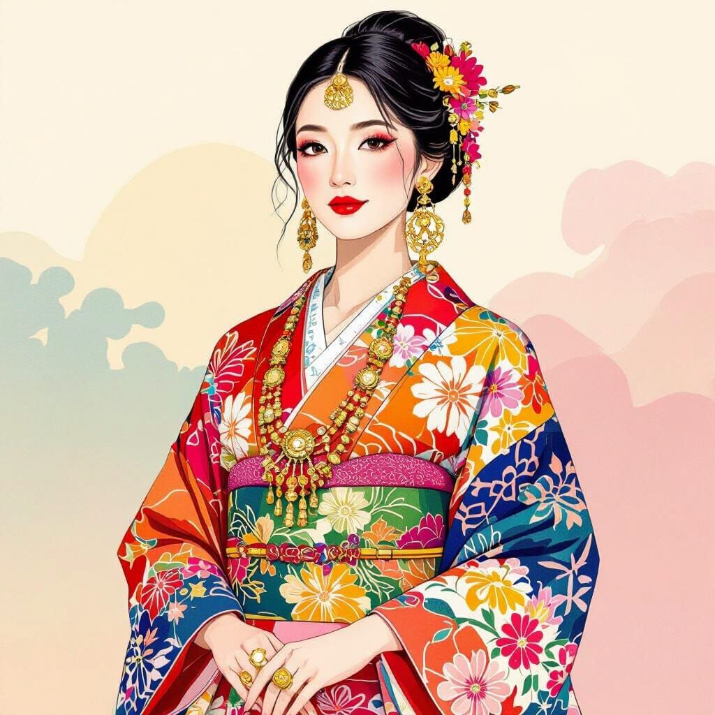 Harmonious Fusion: Kimono and Sari in Folk Art Style
