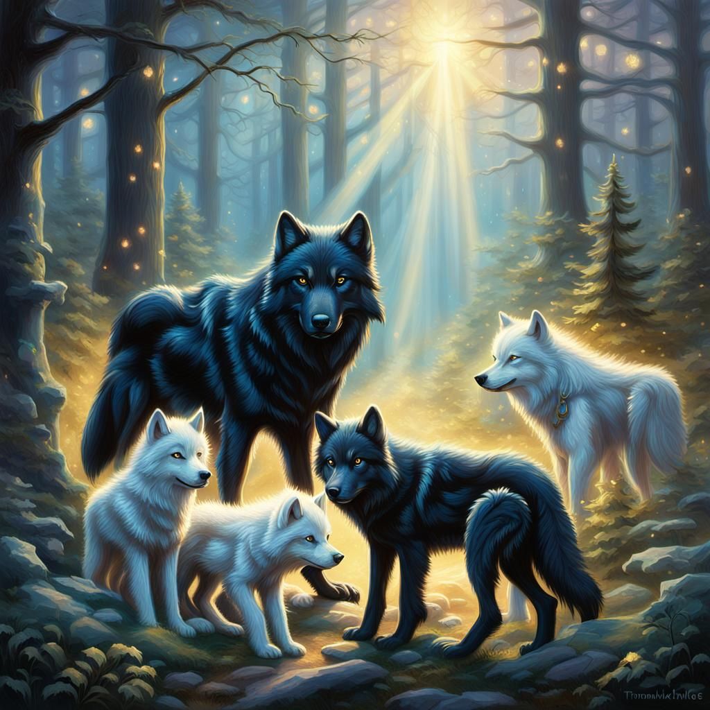 Mystical Wolves Guarding Puppies in Enchanted Forest