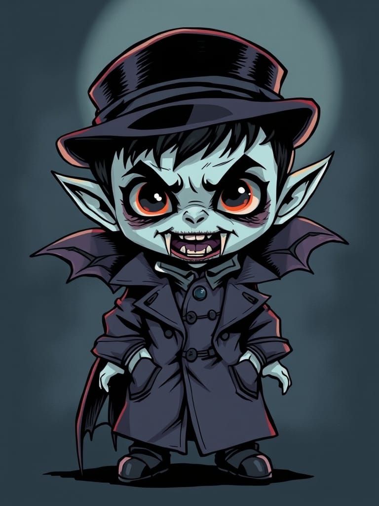 Chibi Vampire with Fangs in Macabre Ink Style