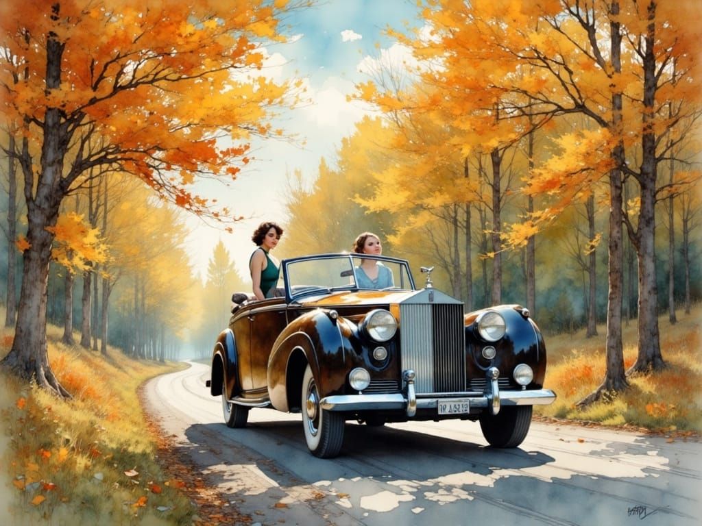 Women Drive Rolls Royce Through Autumn Landscape in Watercol...