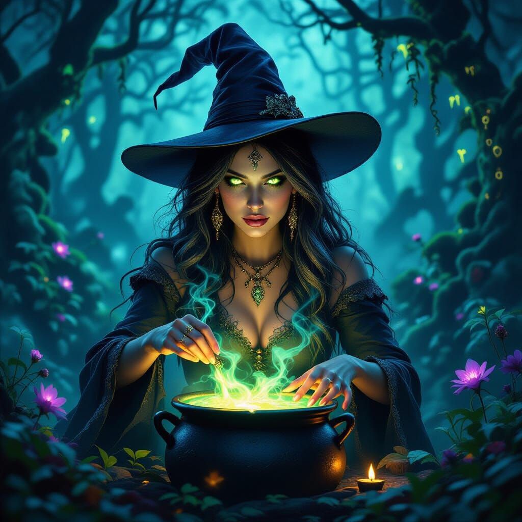 Ethereal Witch Conjures Potion in Mystical Forest