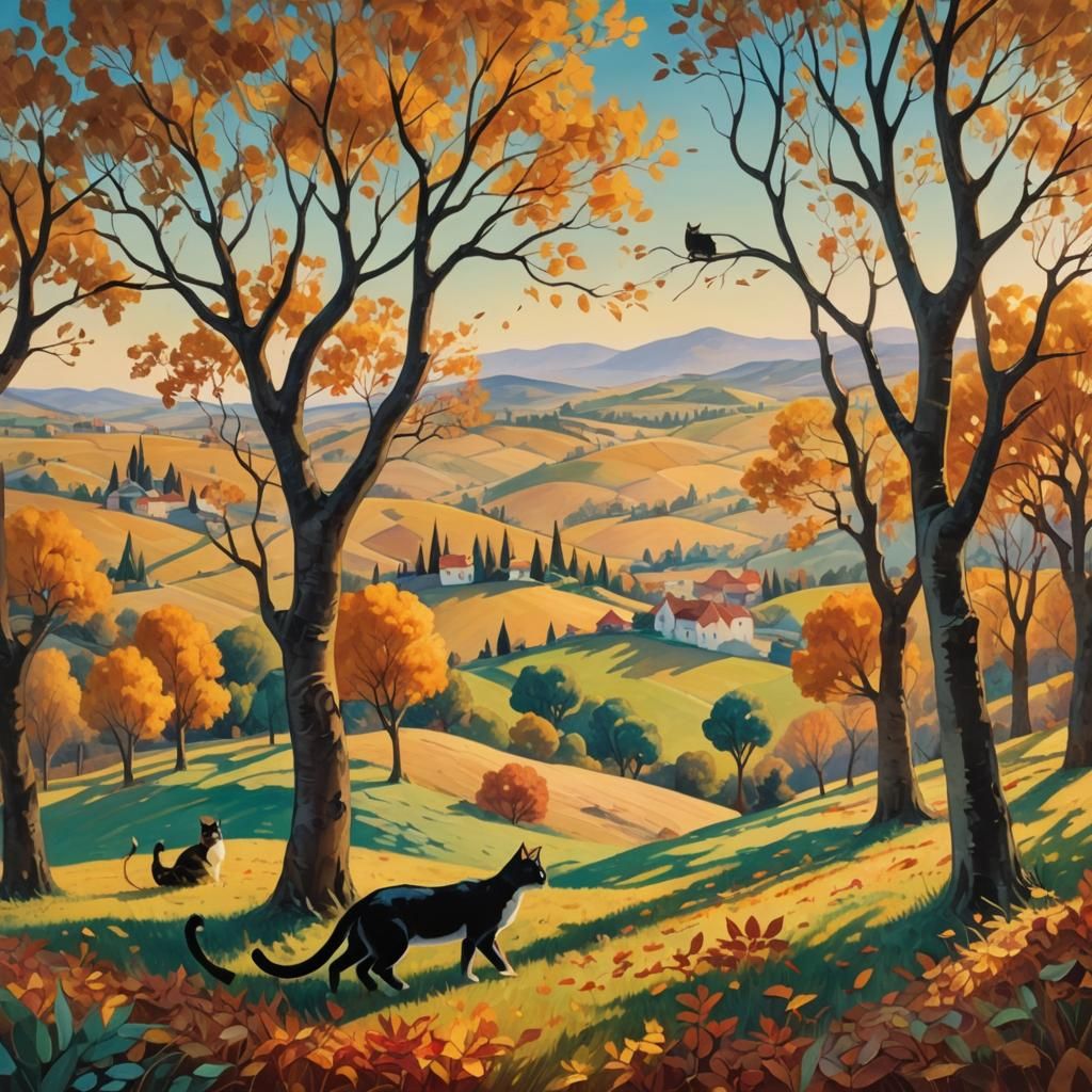 Surreal Cat Landscape in Vibrant Oil Painting