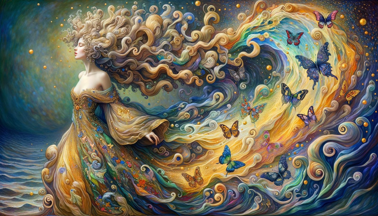 Mysterious Woman in Sea-Colored Gown in Dreamscape