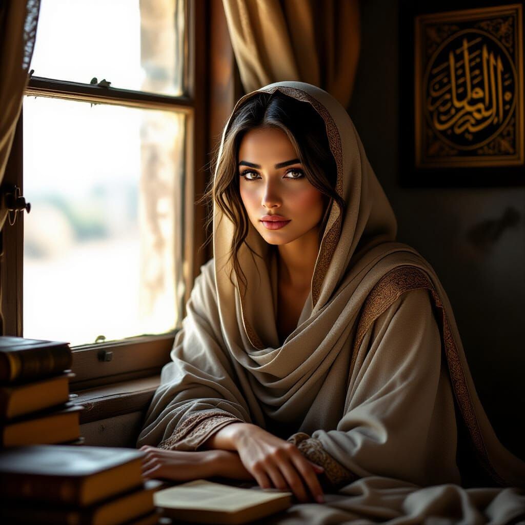 Young Arabic Woman in Ethereal Light with Ancient Tomes