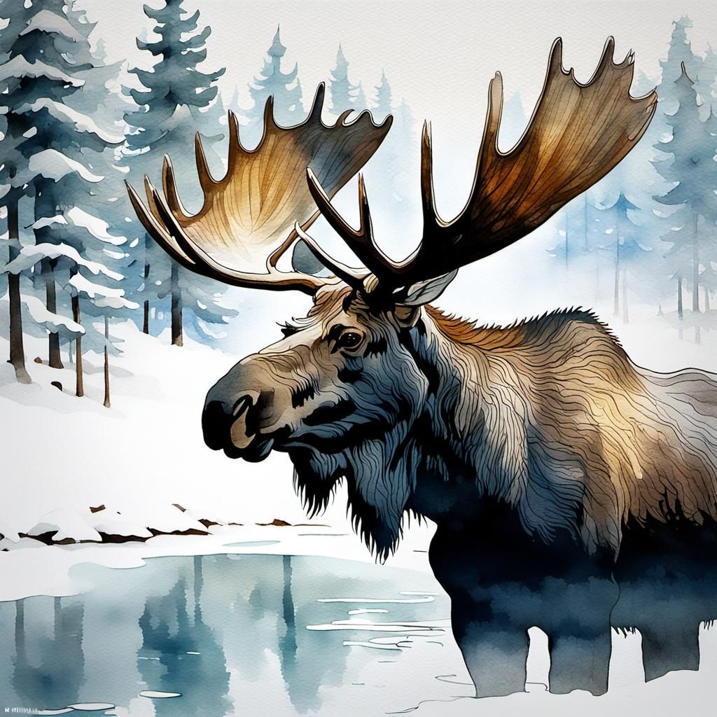 Majestic Moose in Winter Landscape as Watercolor