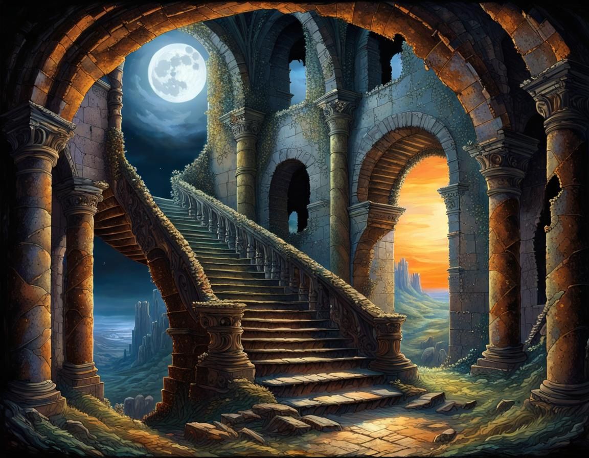 Moonlit Staircase in Ruined Castle: Ominous Concept Art