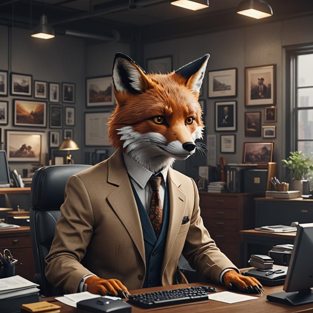 Fox Businessman in Office: Detailed Matte Painting