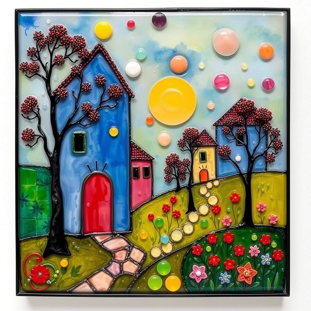 Vibrant Encaustic Glass Artwork in a Dreamlike Aesthetic