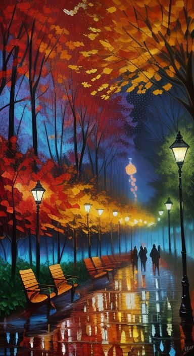 Rainy Autumn Park in Paper Collage Style