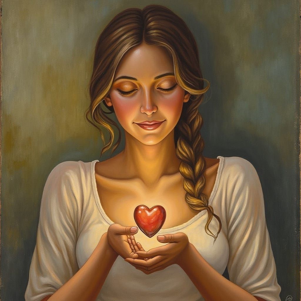 Woman Holding Glass Heart in Dreamlike Setting