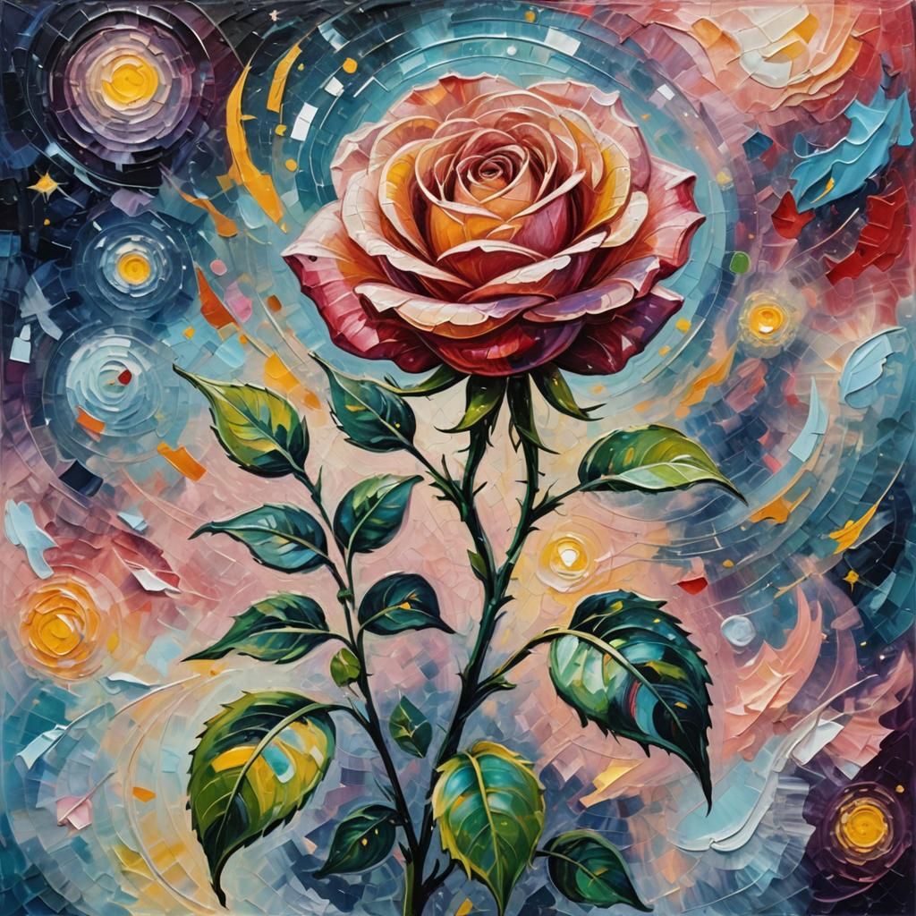 Transparent Rose in Space: Neo-Impressionist Oil Painting