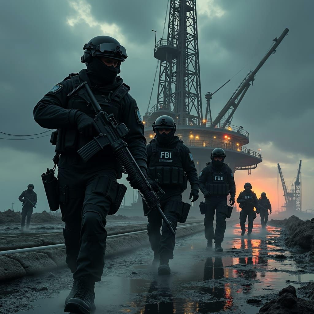 FBI Agents Move Across Oil Rig in Tactical Formation