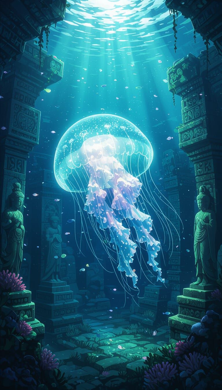 Bioluminescent Jellyfish in Sunken Temple