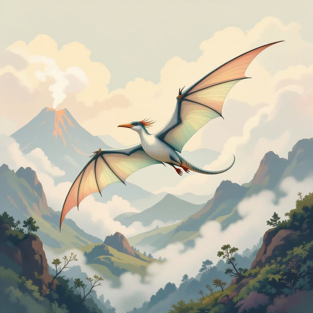 Pterodactyl Soaring Above Volcano in Watercolor Style