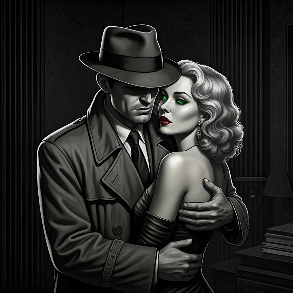 Glamorous Film Noir Couple in a Smoky Office
