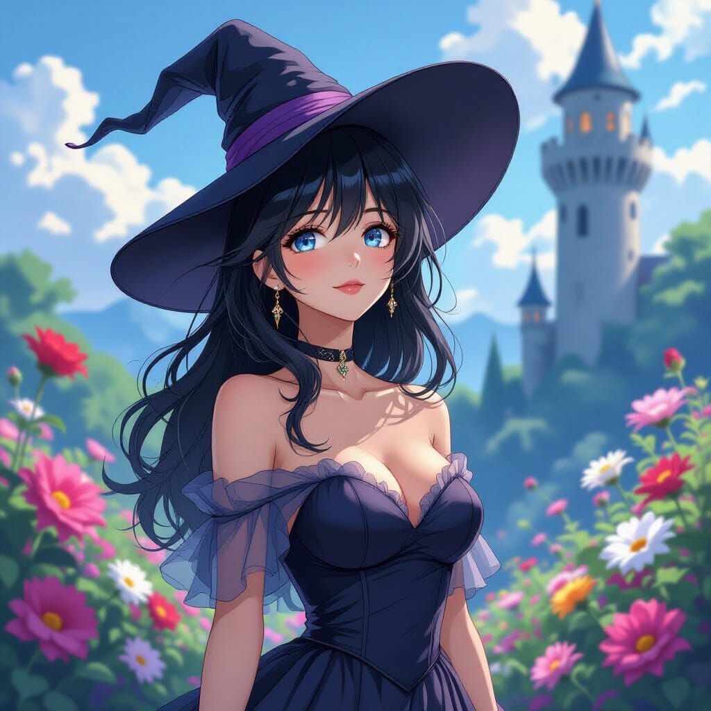 Enchanting Anime Witch in Floral Landscape