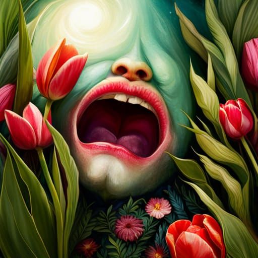 Surreal Tulip with Laughing Mouth, Fantasy Artwork