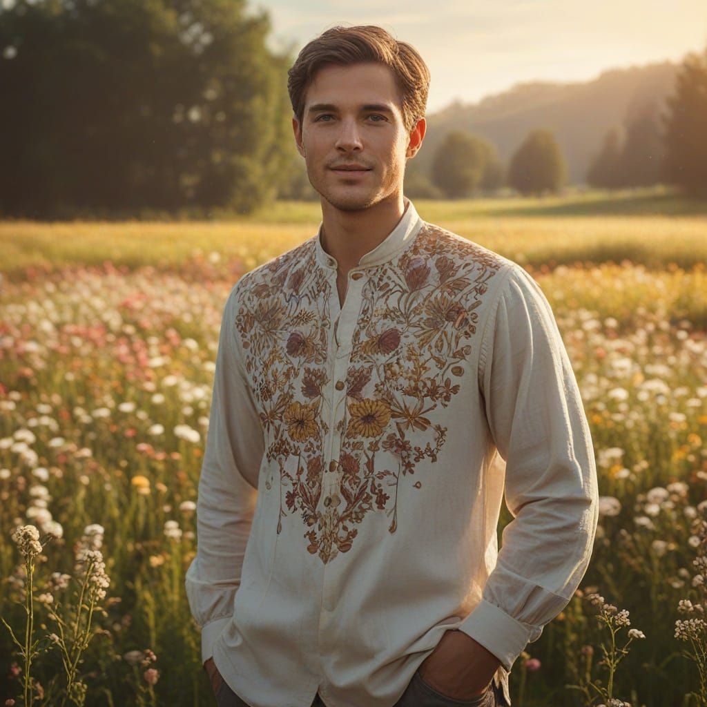 Whimsical Fantasy Portrait of a Man in a Flower Field