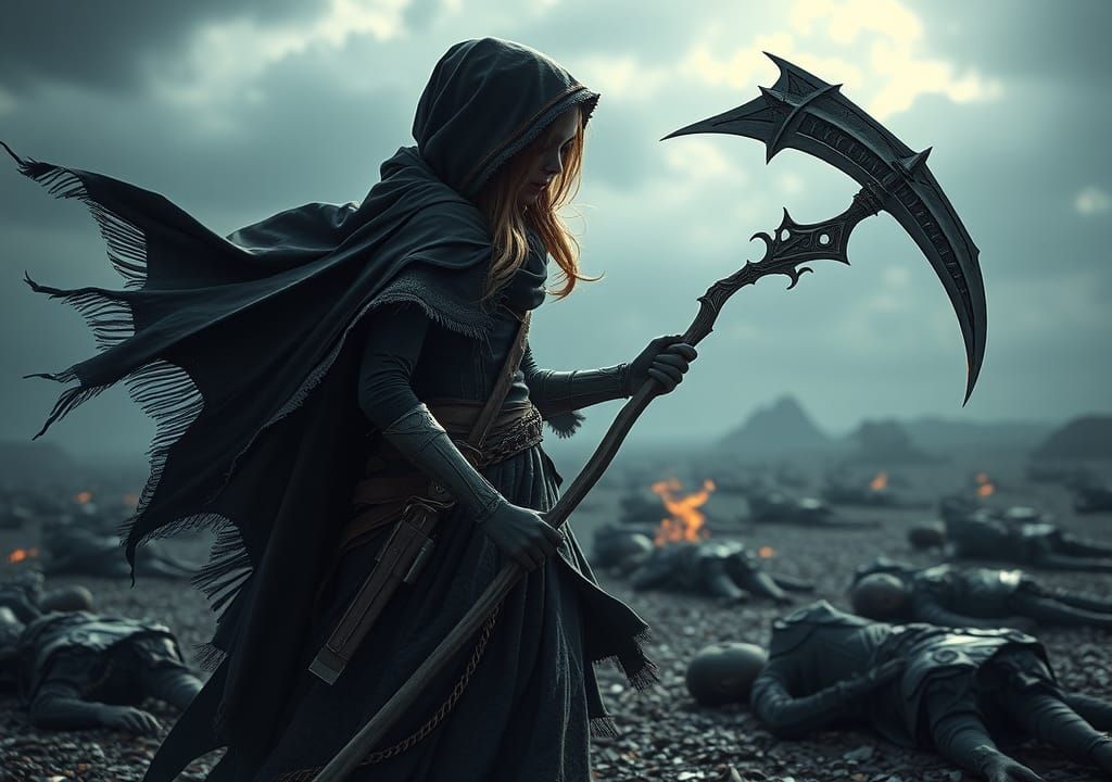 Grim Reaper Girl on Battlefield with Techno-Scythe
