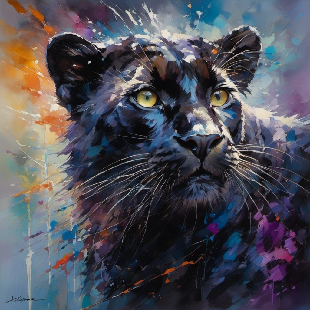 Intricate Black Leopard in Paint Splatter Style
