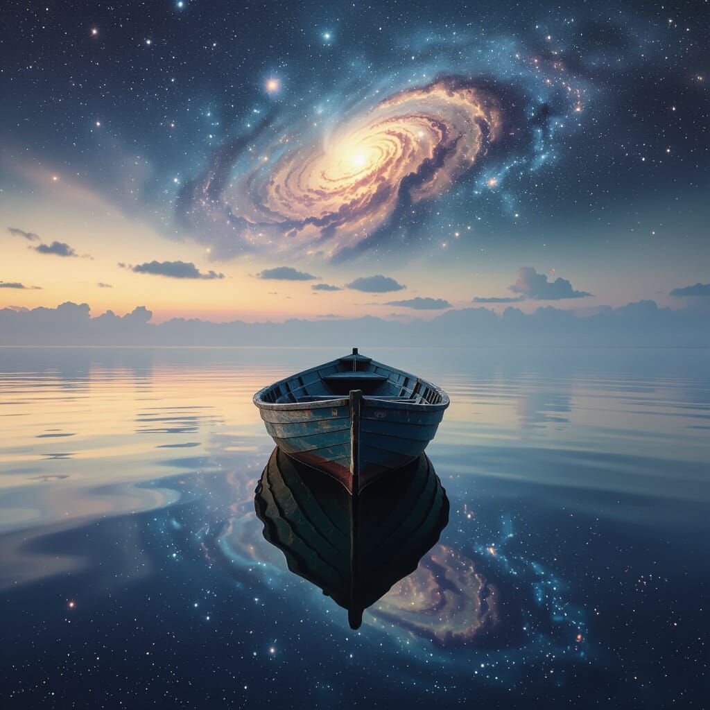 Surreal Ocean Galaxy Photo with Rowboat and Nebulae