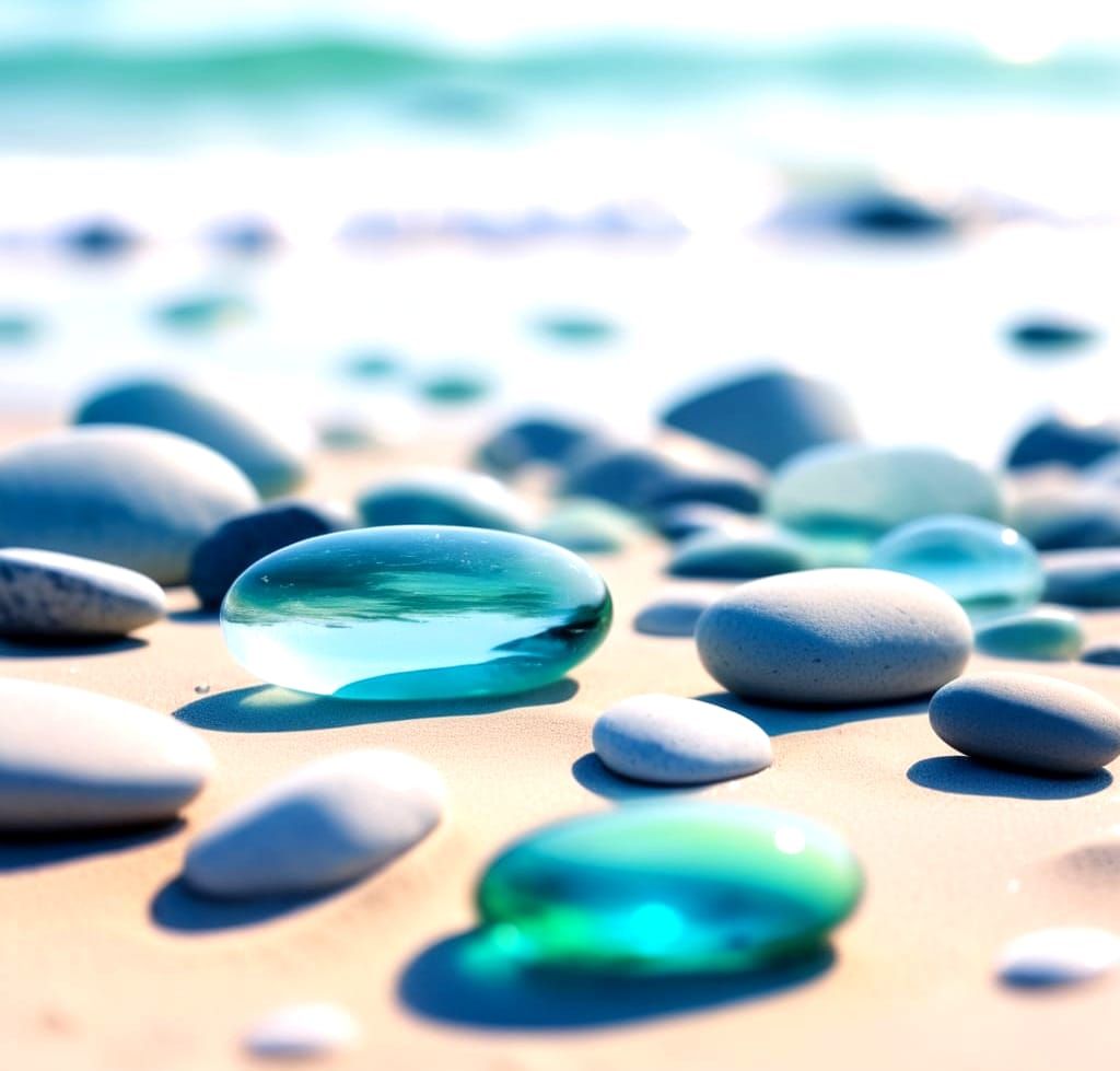 Surreal Beach Scene with Delicate Blue-Green Stones