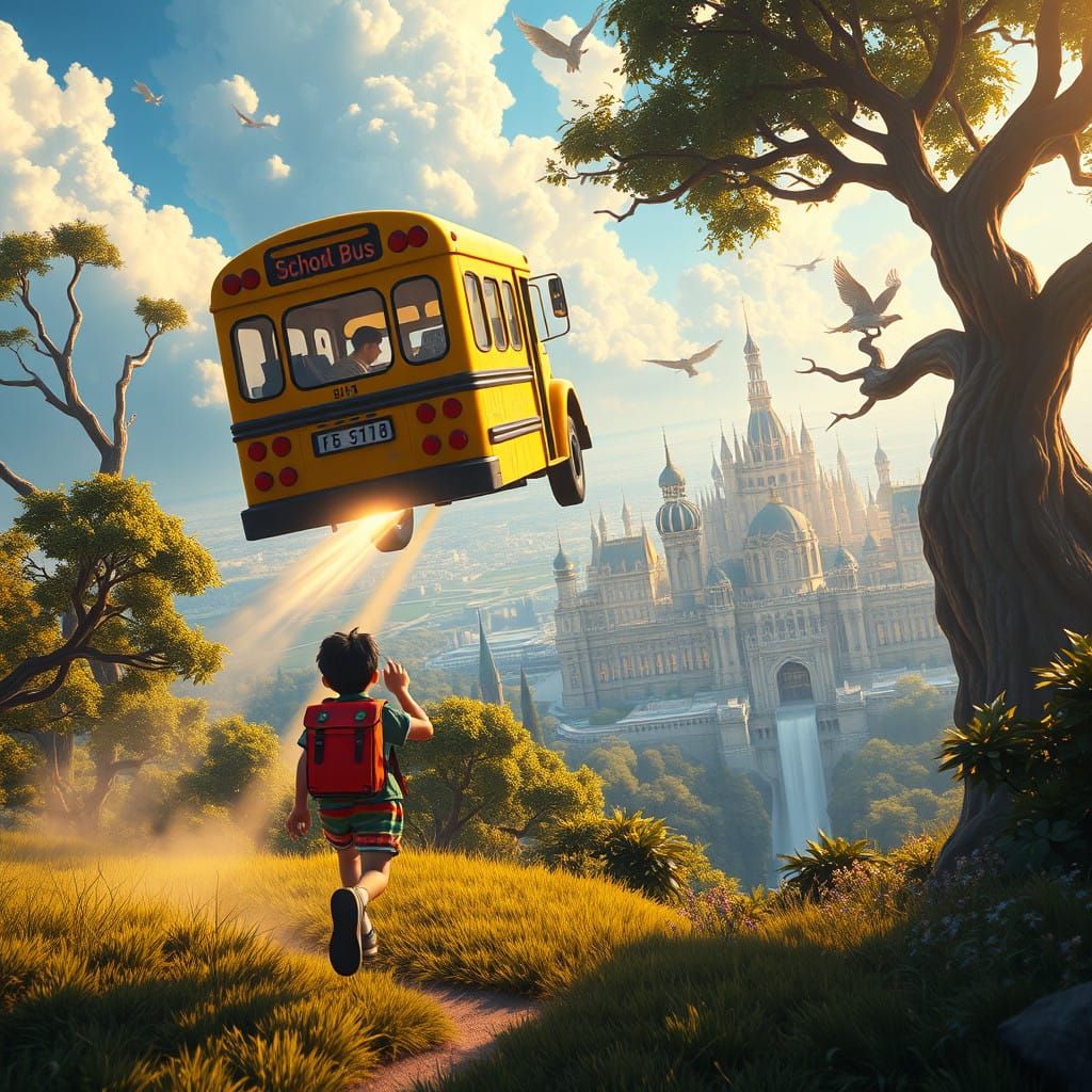 Young Student Rushes to Mystical School Bus in Fantastical L...
