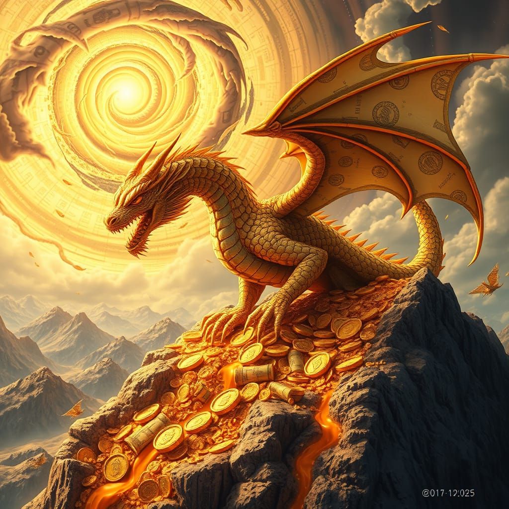 Golden Dragon on Treasure Mountain with Currency Sky