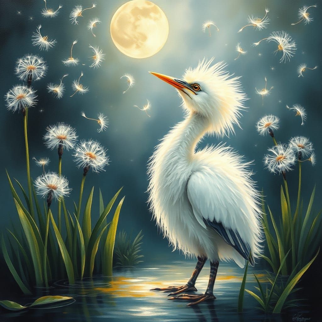 Baby heron by moonlight