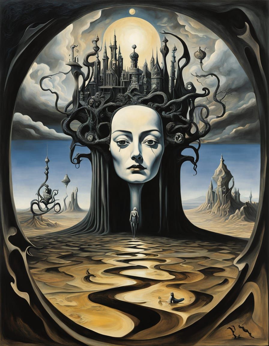 Gothic Woman Portrait in Surreal Landscape